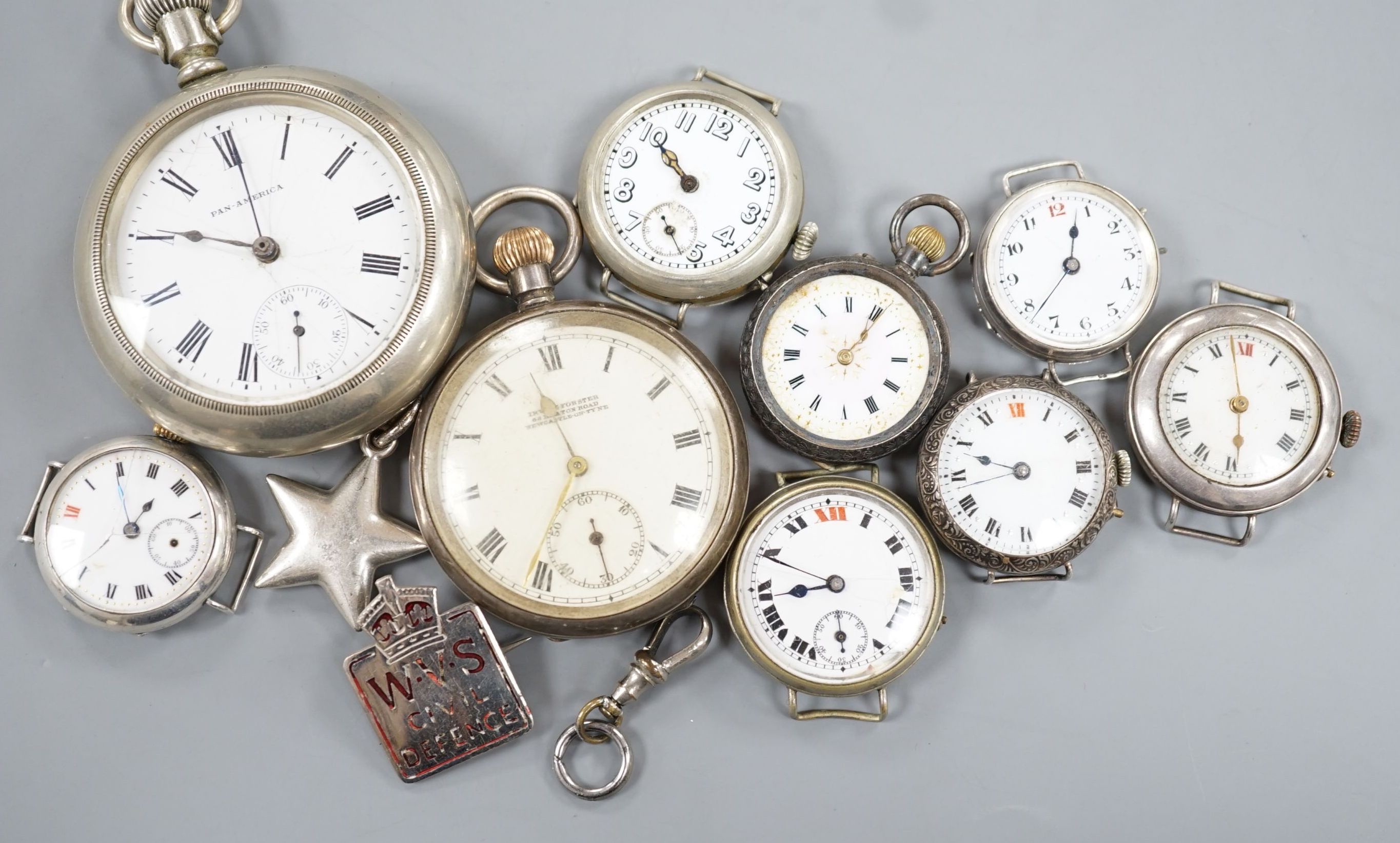 Four assorted early 20th century silver wrist watches, a silver fob watch, two base metal wrist watches, brooch, pendant and two pocket watches including one silver open face.